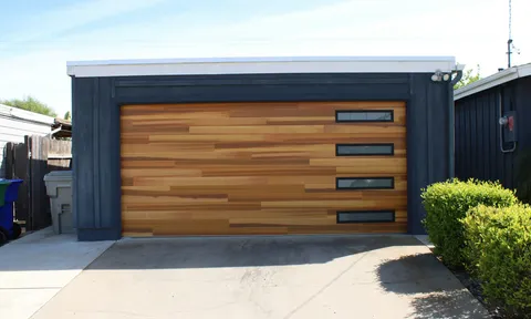 Modern wood-style garage door, an example of new garage door installation in Spokane, WA