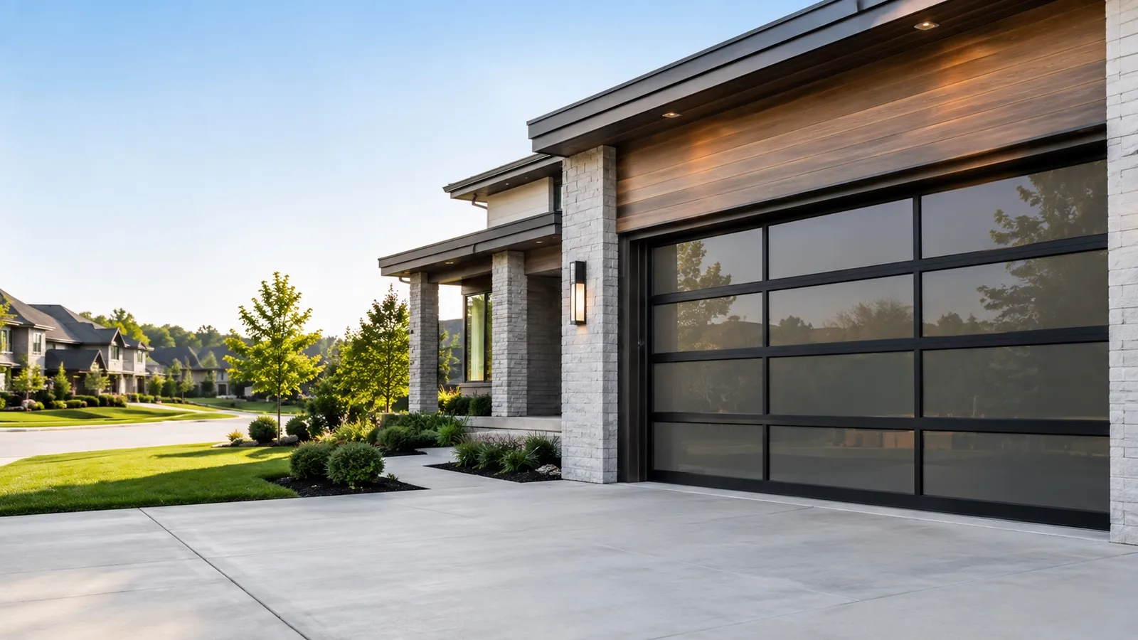 Modern home with a glass-panel garage door, representative of the newer builds around Spokane